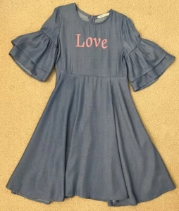 SHEIN Size 8 Girls Chambray 1/2 Bell Sleeve Maxi Dress Pink Love - Picture 1 of 6