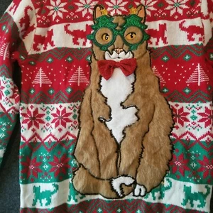 Kittens Cats Ugly Christmas Sweater Bowtie Glasses 3D Blizzard Bay NEW Sz Small - Picture 1 of 10