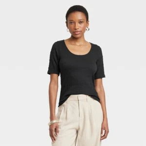 A New Day Women's Scoop Neck Elbow Sleeve Puckered Texture Black T-Shirt-Small - Picture 1 of 1