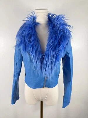 Chaqueta para mujer Delias mediana lisa azul peludo cremallera recortada abrigo de motocicleta  Foto 1 de 4