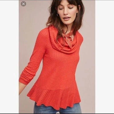 Suéter tejido acanalado cuello capucha peplum paisaje invernal Maeve Anthropologie talla XL Foto 1 de 4