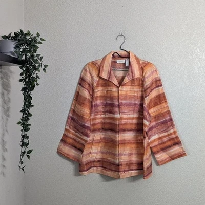 Blazer Chico's Lino Frente Abierto Naranja Mezcla Rayas Manga 3/4 Ligero XL Foto 1 de 4