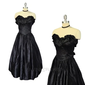 Gunne Sax Black Strapless Gothic Midi Dress Size 11 M Wedding Ruffle Vintage 80s - Picture 1 of 11