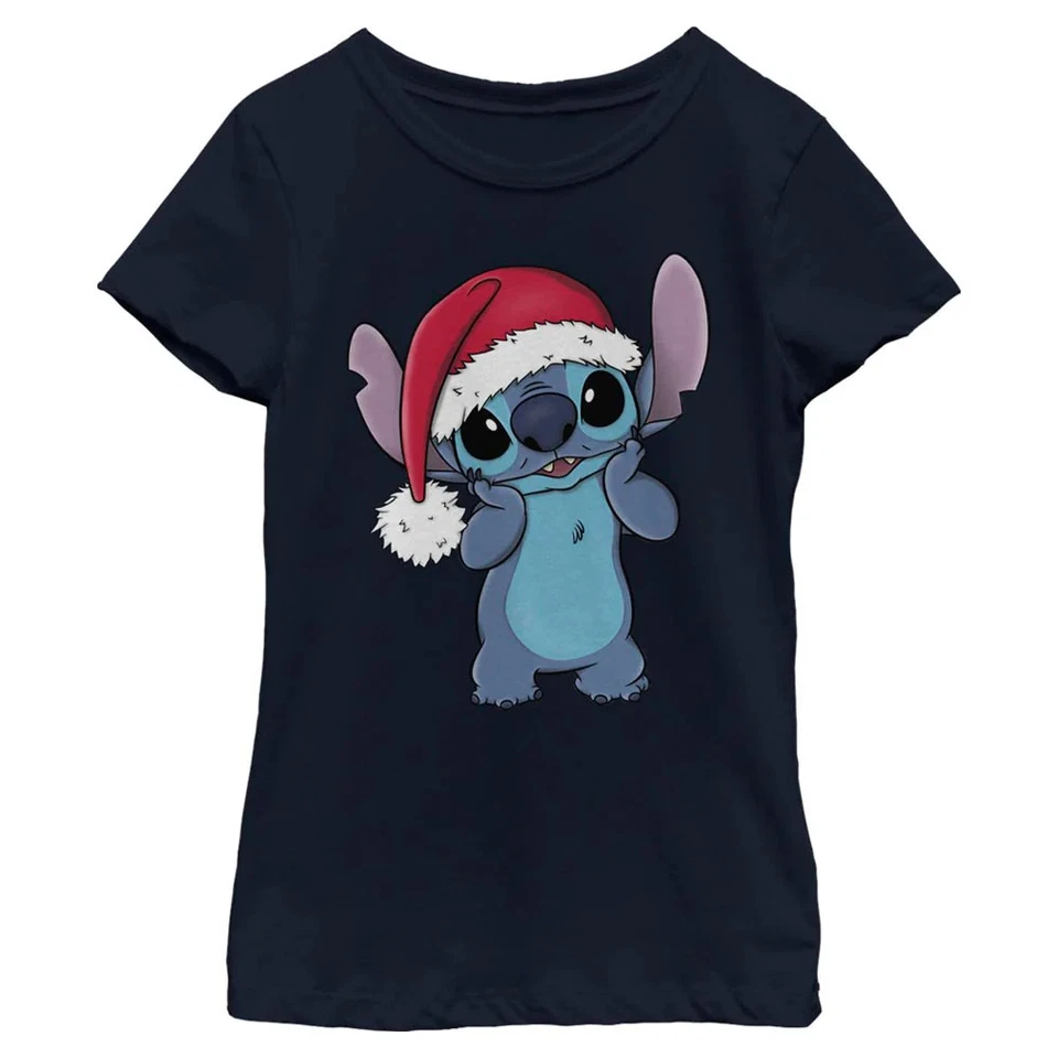 Disney Stitch Wearing Santa Hat Girls Kids T Shirt - Image 1 of 1