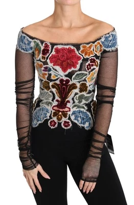 Blusa Dolce&Gabbana Top Negra Floral Ricamo Apliques Cuello Barco Manga Larga Foto 1 de 4