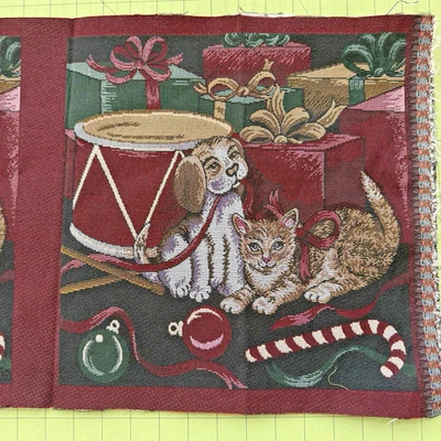 Vintage Dog Cat Christmas Tapestry Woven Fabric Panels Pillow Upholstery - Image 1 of 4