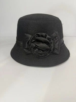 Women’s Black Church Fashion Derby Style Hat With Flowers And Ribbon - Image 1 of 4