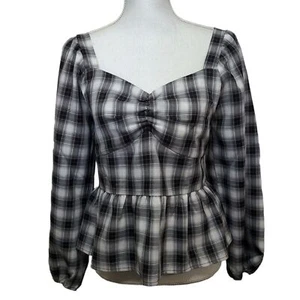 Pleione Womens SZ M Black & White Gingham Blouse Elastic Back Long Sleeve - Imagen 1 de 14
