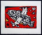 Charlie Hewitt - Fish red - Xilografia woodcut handsigned numbered 20 ex.