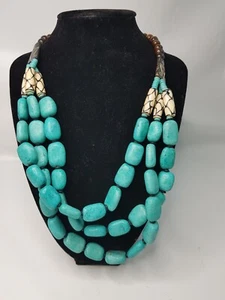 Boho Chunky Faux Turquoise Statement Costume Necklace Multi Strand Jewelry - Picture 1 of 6
