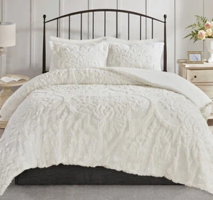 WHITE CHENILLE 3pc King COMFORTER SET : COTTAGE COTTON VINTAGE PLUSH - Picture 1 of 9