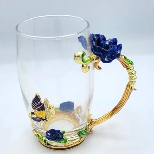 Vintage Lurimarc FRANCE Clear Glass Mug Gold Tone Accents Rose Butterfly Stones - Picture 1 of 10