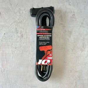 10' 14 Gauge Black Indoor/Outdoor Extension Cord with Triple Outlet -MADE IN USA - Picture 1 of 2
