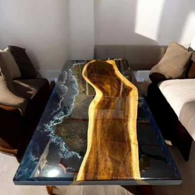 Custom Made Epoxy Resin Top Center Sofa Dining Table Wooden Furniture Home Decor - Image 1 of 4