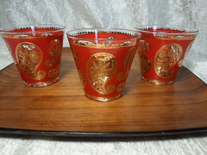 3 RARE Culver "Red Paisley" Old Fashioned Cocktail Glasses Set - VGC - Picture 1 of 8