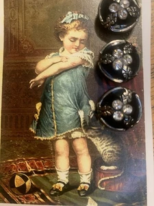 Set of 3 - Vintage 3/4" Black Silver Rhinestones Glass Buttons ~ NOS 1920’s - Picture 1 of 2