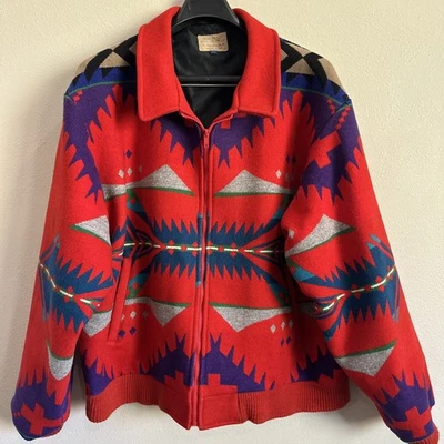 Vtg High Grade Western Wear By Pendleton Red Aztec Men’s Full Zip  Wool Coat XXL - Image 1 of 4