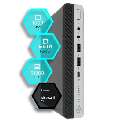HP EliteDesk Mini PC Computer - i7 9th Gen | 16GB RAM 512GB SSD | Windows 11 Pro - Image 1 of 4