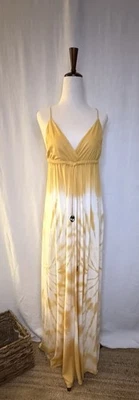 Maxi Vestido Vintage Gypsy 05 Amarillo Algodón Tie Dye con Correas de Espagueti Ajustables Foto 1 de 4