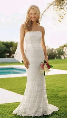 Galina Size 8 Ivory Beaded Lace Sheath Dress w/Godets Inserts Style# VW9340 NWT - Image 1 of 4