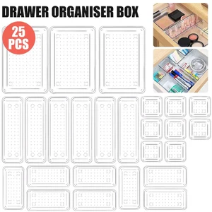 25PCS Draw Organiser Plastic Box Desk Drawer Fridge Trays Makeup Storage Divider - Picture 1 of 12