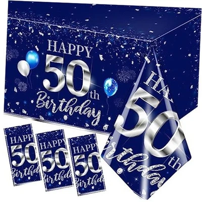  3 peças toalha de mesa de aniversário decoração tira e tampa de mesa azul plástico 50º - Imagem 1 de 4