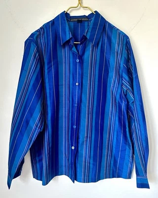 Vintage Josephine Chaus Striped Blue Textured Silk Long Sleeve Button Up Sz 14 - Image 1 of 4