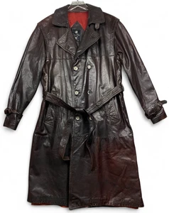 Vintage Jeno de Paris Leather Trench Coat Mens 42 Dark Brown Wool Lined Belted - Picture 1 of 23