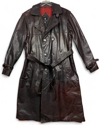 Vintage Jeno de Paris Leather Trench Coat Mens 42 Dark Brown Wool Lined Belted - Image 1 of 4