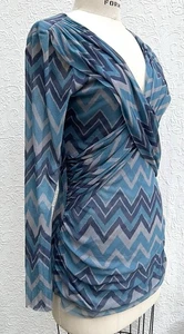Sweet Pea Blue Chevron Mesh LS Top w Draped Panels Sz LARGE Double Mesh NWOT - Picture 1 of 17