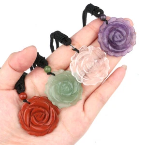 Natural Gemstone Carved Rose Flower Pendant Necklace Reiki Energy Healing Gift - Picture 1 of 30