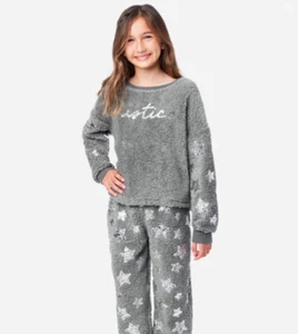 *NWT* JUSTICE GIRLS SIZE 10 12-14 SILVER STARS GRAY SHERPA COZY PAJAMA SET  - Picture 1 of 4