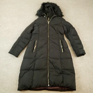 Tommy Hilfiger Puffer Jacket Womens Medium Black Full Zip Faux Fur Hood Long - Picture 1 of 9