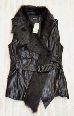 Dolce Cabo 全新带标签黑色人造皮革毛皮衬里可调节腰带背心,尺寸 M — 第 1/4 张图片