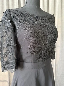 Women’s Black Dress Sz8 Illusion Neck Applications On Top Line A Skirt W/slit - Picture 1 of 16