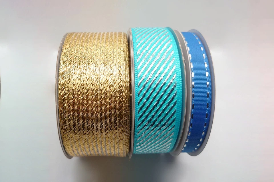 Valentines Day Sale 1.5"+1" + 3/8" 25Yd Metallic yellow, & Light Blue Ribbon set - Image 1 of 1