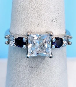 Silver Cocktail Ring Clear Center, 2 navy & 2 clear accents. Unknown Gem or CZs. - Picture 1 of 20