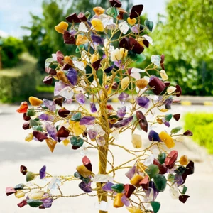 Indian Natural Rock Crystal Gemstone Tree 80 Stone on Rock Base Ornament - Picture 1 of 14