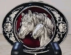 Vintage Horse and Foal Red Enamel Belt Buckle Siskiyou Buckle Company 1991 - Picture 1 of 11
