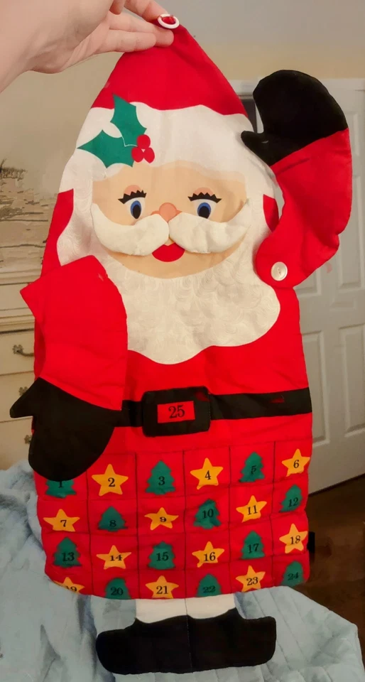 Vintage Hanging Santa Advent Countdown To Christmas Quilted Fabric AS IS *READ* - Image 1 of 4