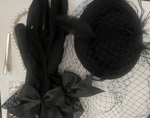 5 Pc Vintage Style Costume Fascinator Hat Accessories Set Gloves Pearl Necklace - Picture 1 of 7