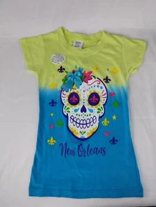 New Orleans Snapshot Skull With Lily Flowers Bow Design T-shirts For Little Girl - Picture 1 of 10