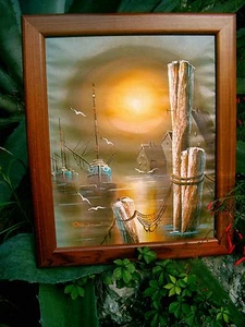Lona de pintura al óleo vintage firmada por PAT SMITH barco puerto paisaje marino - Imagen 1 de 9