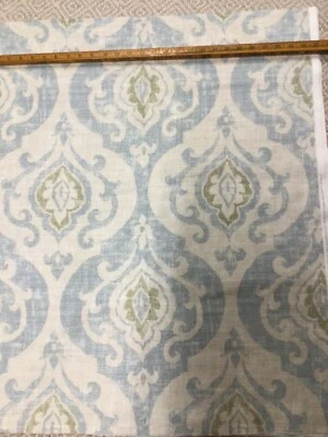 Covington Cream Blue Green Linen or Linen Blend Printed 64” x 54” Remnant - Image 1 of 3
