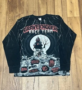 Vintage “Grave Digger Race Team” Haunted House & Lightning AOP Shirt/Sz: Youth M - Picture 1 of 5