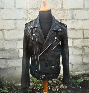 Men’s Real Leather Jacket Python Biker Style Crocodile Texture Classic Jacket - Picture 1 of 15