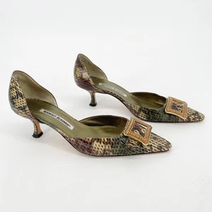Vintage Manolo Blahnik Snakeskin Buckle Pointed Toe D'Orsay Kitten Heel IT 38 - Picture 1 of 11