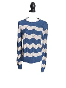 Talbots Women's Pointelle Ruffle Mock Neck Sweater Blue/Off White Size M - Picture 1 of 11