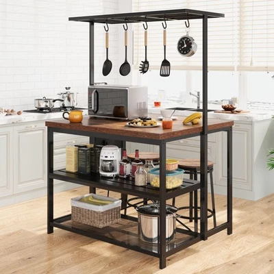 47" Kitchen Island ,Bakers Rack ,3-Tier Shelves & 5 Hooks Coffee Bar Table Table - Image 1 of 4