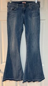 True Religion Jeans Womens 29 Blue Flare Low Seat Charlie Distressed Raw Hem USA - Picture 1 of 14